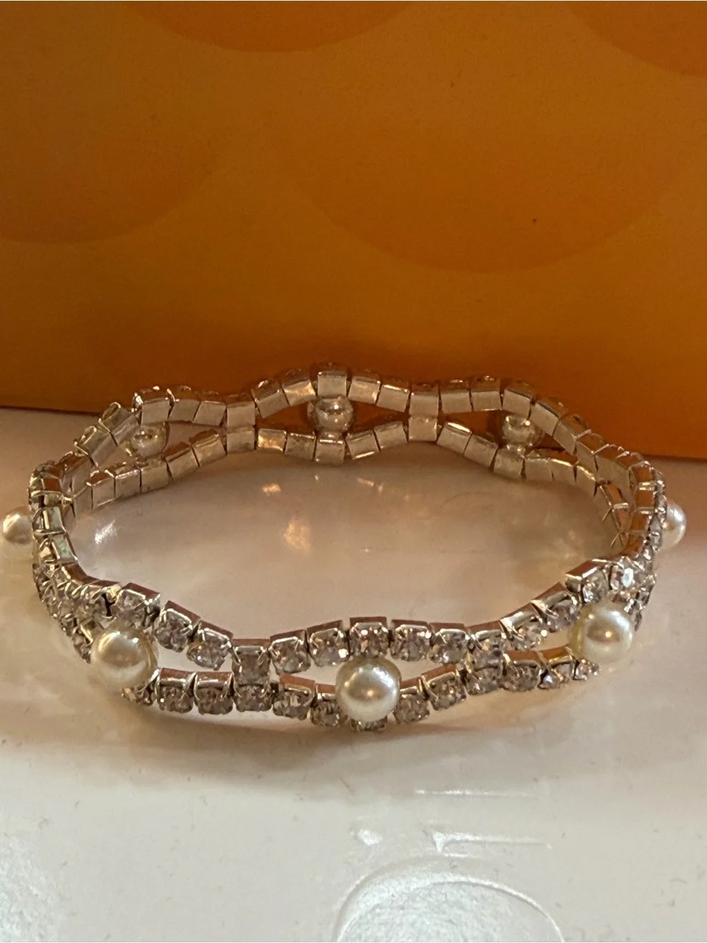 Pearl & Rhinestone Double Strand Statement Bracelet | Sterling Silver and CZ